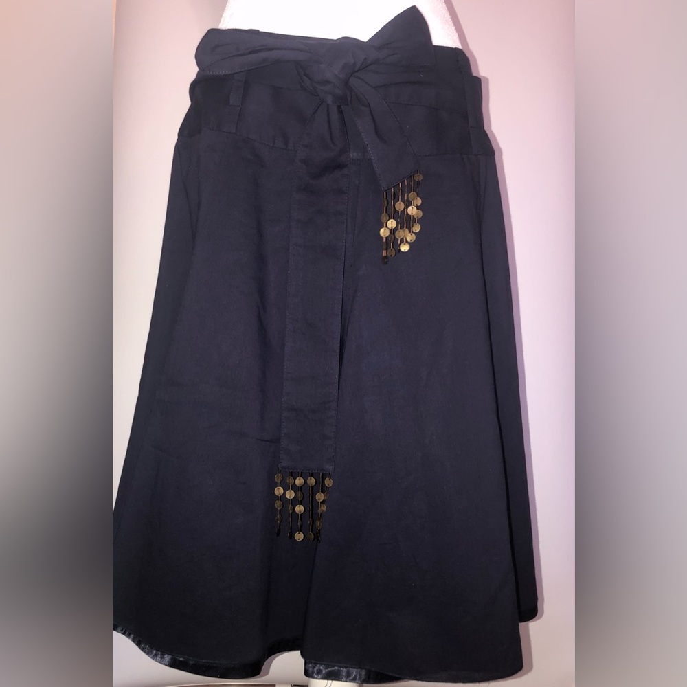 BARAMI Skirt 10 Navy Flare Lined Tie Belted Waist‎ Bronze Detail Tasseled Boho